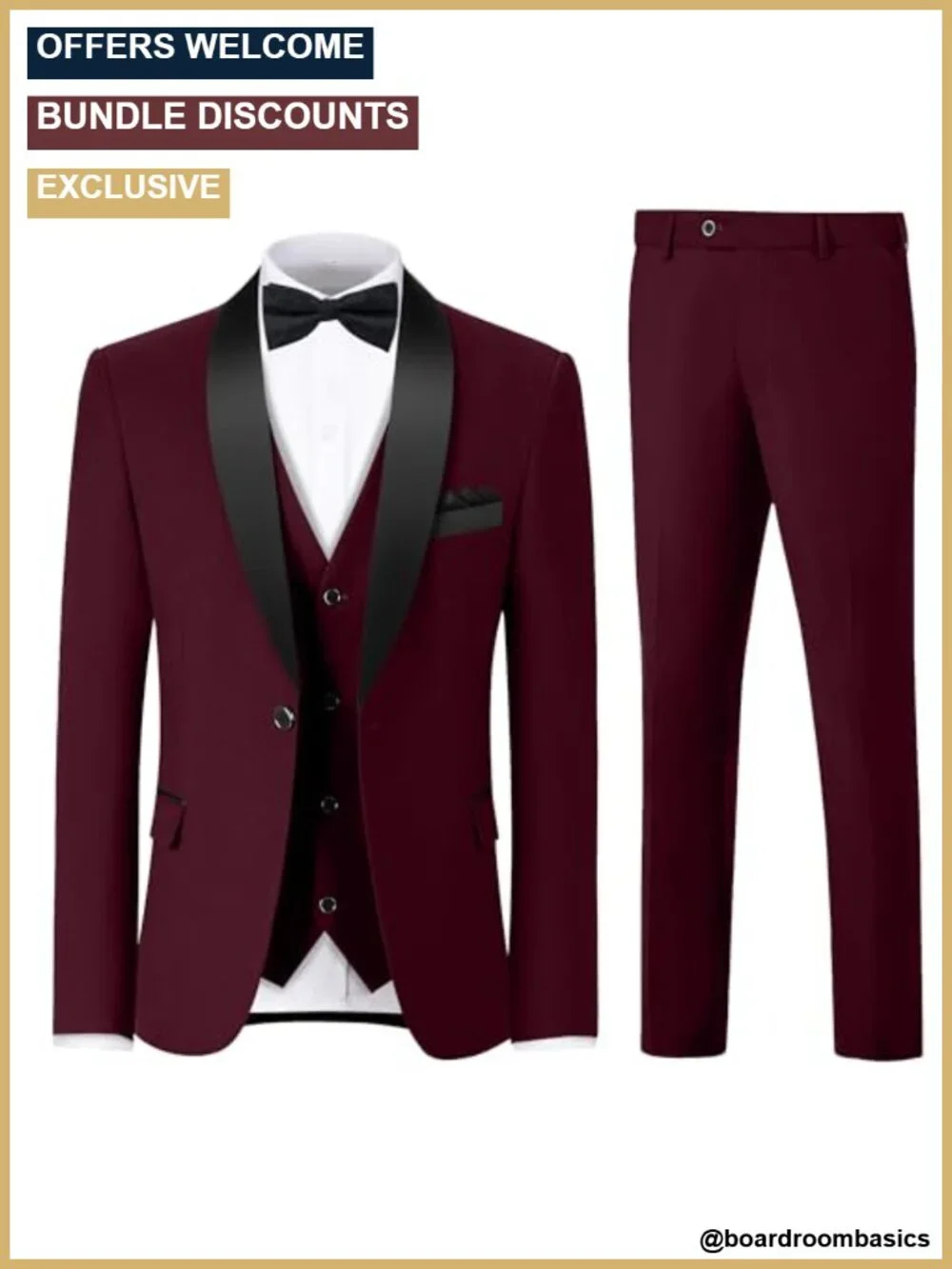 Men's 3 Piece Slim Fit Tuxedo Suit with Bow Tie & Pocket Square